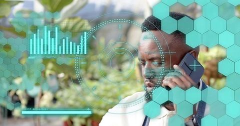 Clinician talking on smartphone in garden with futuristic digital hud and hexagonal overlay