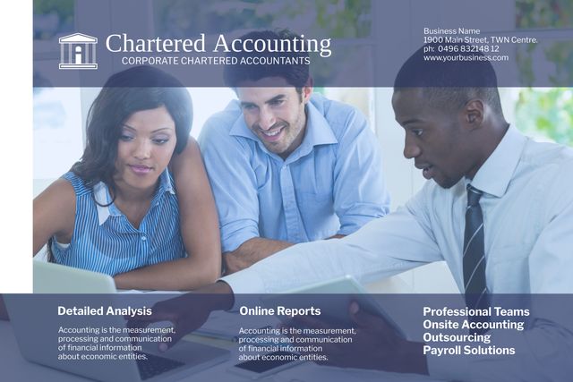 Professionally dressed team of chartered accountants working together to analyze financial data on laptops. Useful for illustrating teamwork, corporate trust, financial services, and professional business environments.