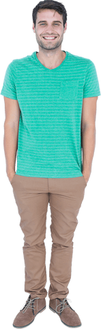 Smiling Man in Green Shirt and Brown Pants, Transparent Background