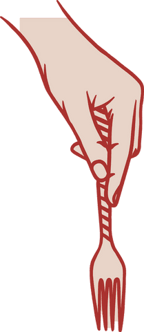 Minimalist hand holding striped-handle fork on transparent background