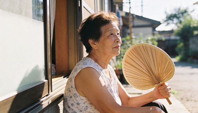 Senior asian woman fanning on home step in sunlight wearing sleeveless floral blouse