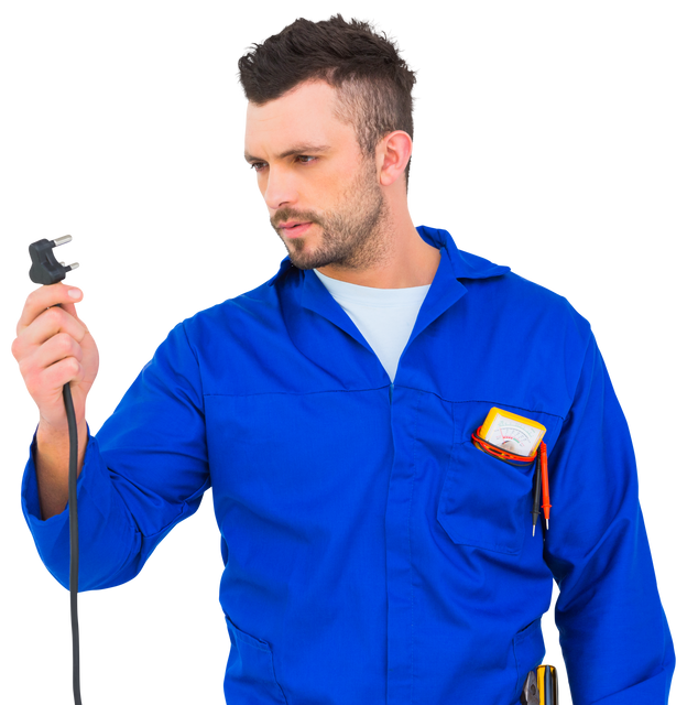 Electrician in Blue Uniform Holding Electrical Plug on Transparent Background - Download Free Stock Videos Pikwizard.com