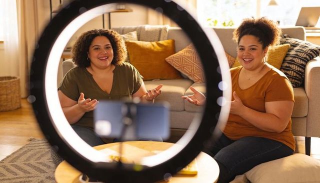Two women recording home vlog with ring light and smartphone, casual lifestyle creation