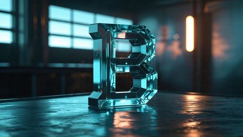 Glowing crystal 'letter b' in futuristic industrial setting