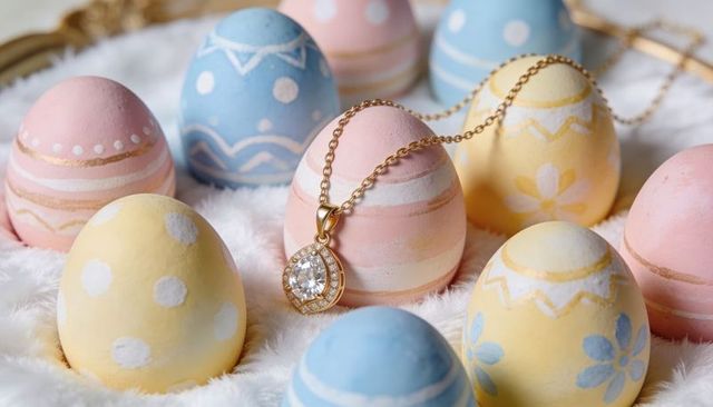Pastel Easter eggs surrounding gold teardrop diamond pendant resting on soft white fur