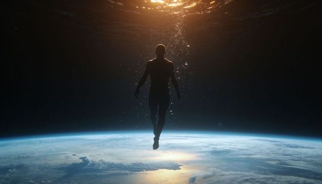 Floating human silhouette ascending above earth curved horizon backlit by golden sun halo