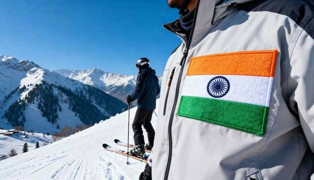 Skier wearing jacket with indian flag patch on snowy alpine slope