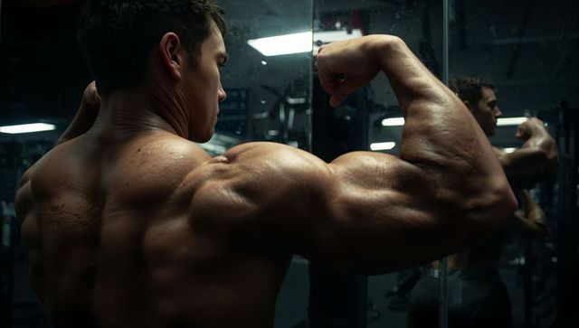 Bodybuilder flexing biceps in gym with mirror reflection motivation