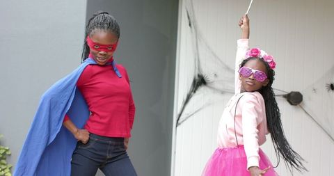 African American Girls Playing Superhero and Princess with Cape Wand and Tutu