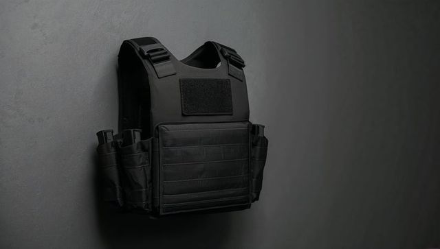 Black tactical vest hanging on wall with molle webbing