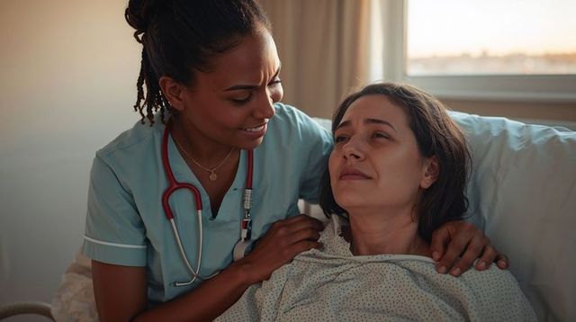 Nurse Comforting Worried Patient in Hospital Bed Reassuring Compassionate Care