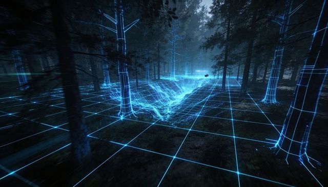 Neon Wireframe Forest with Glowing Mesh Trench, Blue Grid Ground and Autonomous Rover