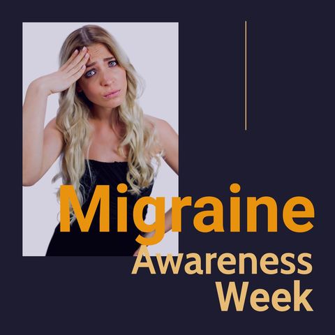 Migraine awareness campaign with upset woman experiencing headache