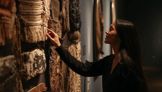 Asian woman studying woven textile wallhangings in dim gallery, touching tactile fiber art