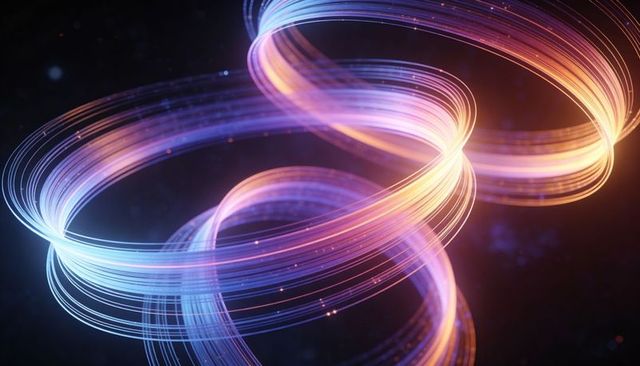 Neon Light Ribbons Twisting Spiral Motion with Glowing Particle Trails and Gradient Glow