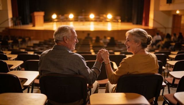 Senior couple holding hands in lecture hall enjoying warm golden spotlighted auditorium moment