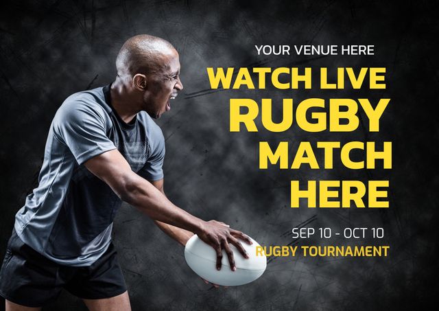 Exciting Live Rugby Match Promotion with Aggressive Rugby Player Holding Ball - Download Free Stock Templates Pikwizard.com