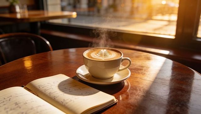 Steaming latte with leaf latte art on cafe table near sunlit window with open notebook