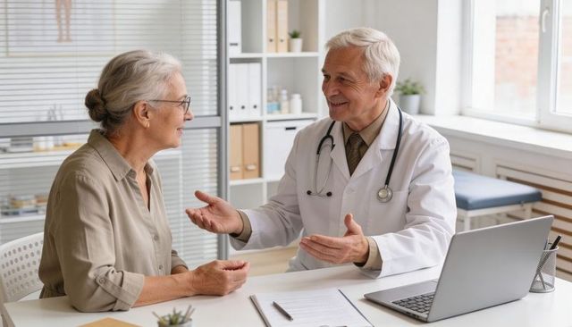 Senior doctor explaining treatment plan to elderly patient during compassionate consultation