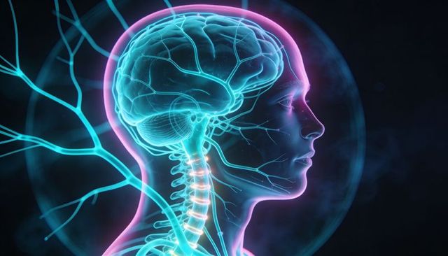 Translucent female head with glowing brain and spinal cord neon neuroanatomy 3d render