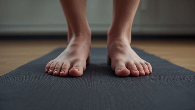 Bare feet grounding on yoga mat at home promoting balance, mindfulness and calm