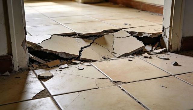 Collapsing Beige Ceramic Tile Revealing Subfloor at Doorway with Broken Tile Rubble