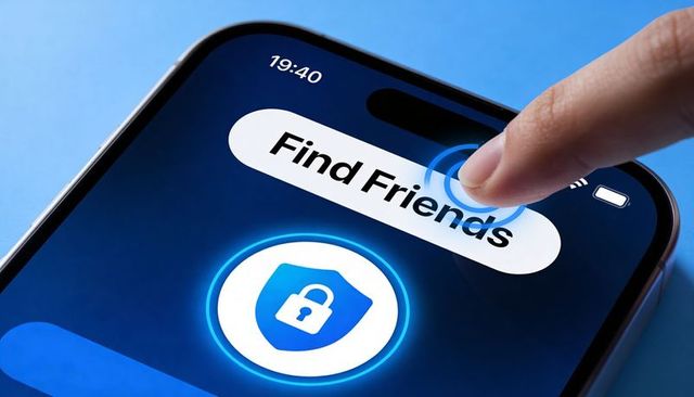 Tapping Finger Pressing Find Friends Button on Smartphone with Glowing Padlock Security Icon