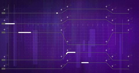 Abstract purple network topology dashboard with circuit lines, nodes and tech grid