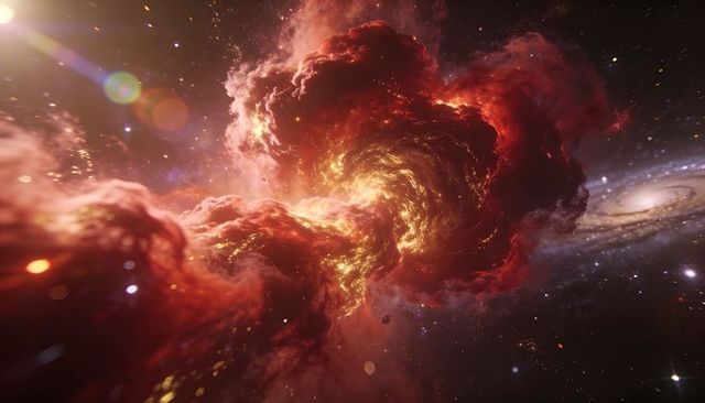 Swirling red-orange nebula with golden core over spiral galaxy, cosmic vortex, lensflare
