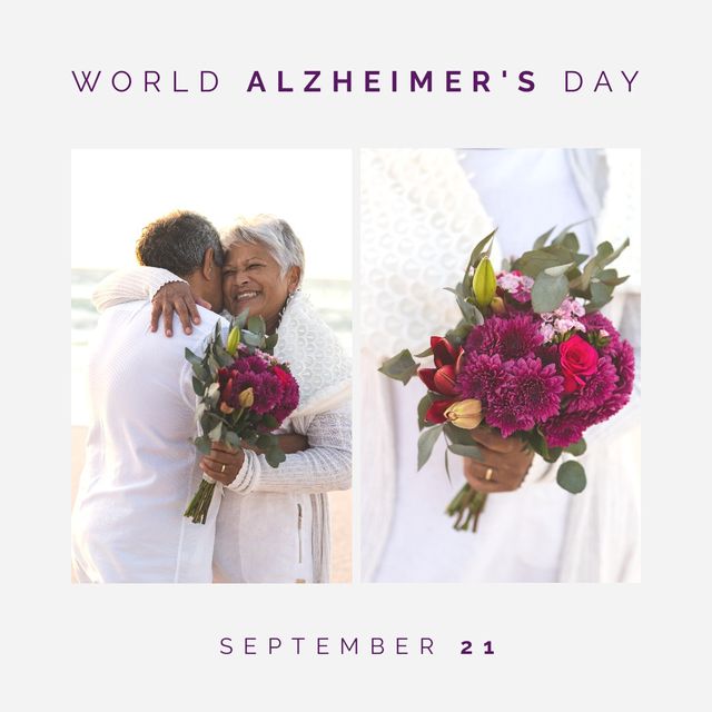 Composite of happy biracial senior couple embracing and world alzheimer's day with september 21 text. Copy space, love, togetherness, bouquet, retirement, disease, healthcare, awareness, campaign.