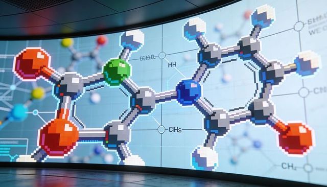Curved led display presenting voxel molecular model on futuristic exhibition gallery wall