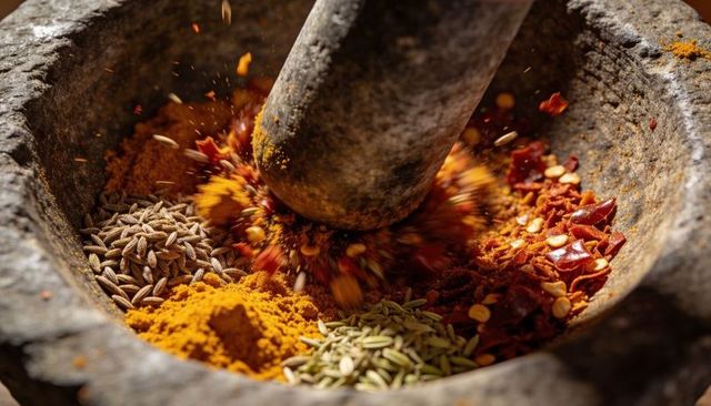 Granite mortar and pestle grinding vibrant turmeric chili cumin fennel spice blend