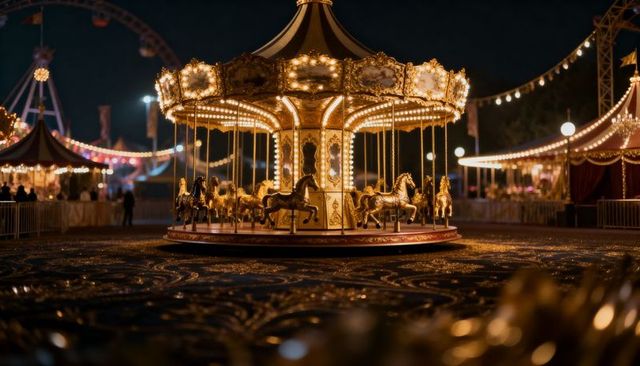 Glowing vintage carousel with gold horses and string lights at night fairground
