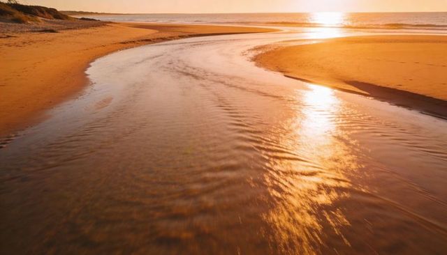 Glowing curving tidal channel reflecting golden sunlight on wet sand flats at sunset
