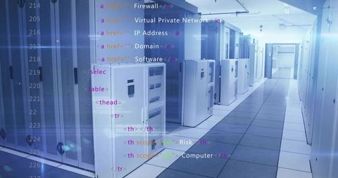Modern Data Center Corridor with Code Overlay Symbolizing Digital Connectivity