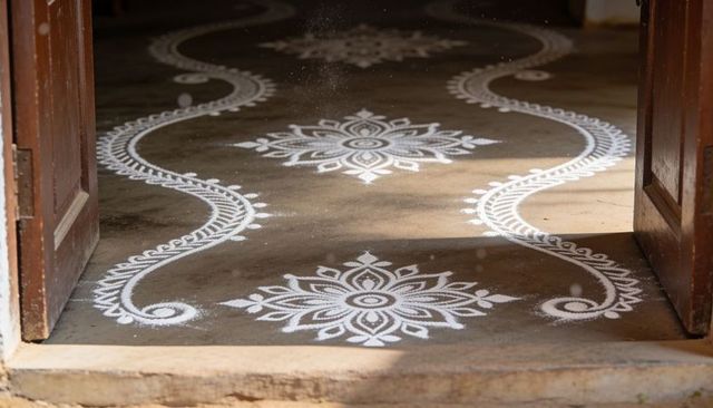 White rangoli floral floor art decorating house entrance with wooden doors and threshold