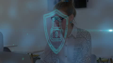 Businesswoman with Digital Security Interface in Modern Office