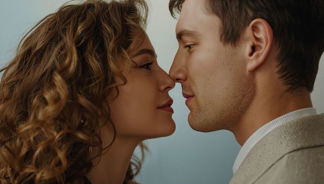 Intimate closeup couple leaning in for kiss romantic portrait with warm cinematic light