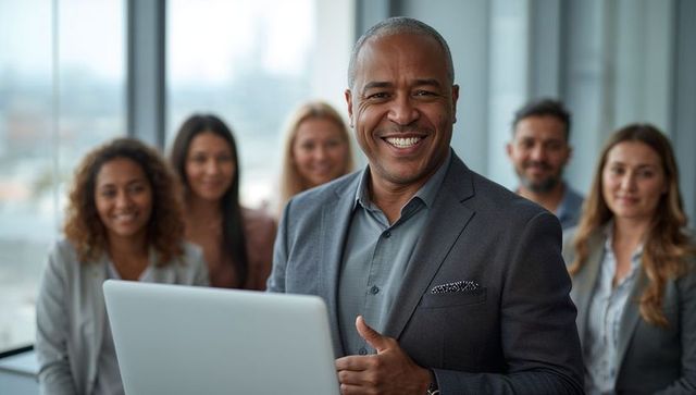 Confident Leader Overseeing Team in Modern Glass Office