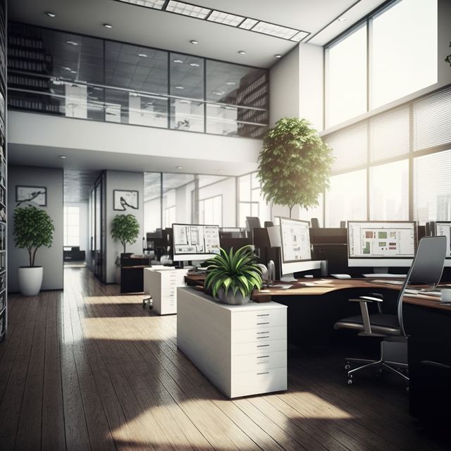 Bright and airy modern open office. Ideal for illustrating productive and collaborative work environments. Suitable for business, co-working spaces, and corporate workplace themes. Great for marketing materials, websites, and presentations depicting modern work culture.