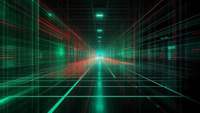 Futuristic Grid Corridor with Red and Green Lines