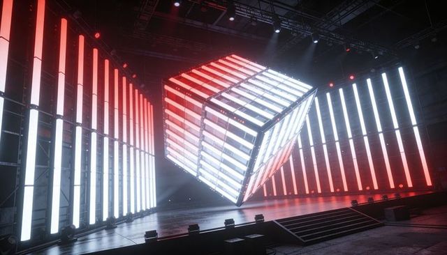 Glowing Levitating LED Cube on Stage with Vertical Light Walls and Atmospheric Haze