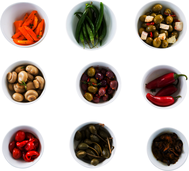 Assorted Olives and Vegetables in Transparent Bowls on Black Background - Download Free Stock Videos Pikwizard.com