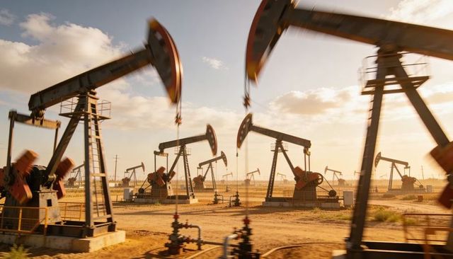 Pumpjacks operating across arid oilfield at golden hour, industrial energy landscape
