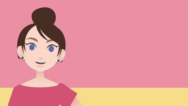 Illustration depicts an animated businesswoman character on a pink background, suitable for digital content related to business communication and corporate interfaces. Can be used in presentations, websites, or advertising materials to convey messages about teamwork, leadership, or entrepreneurship.