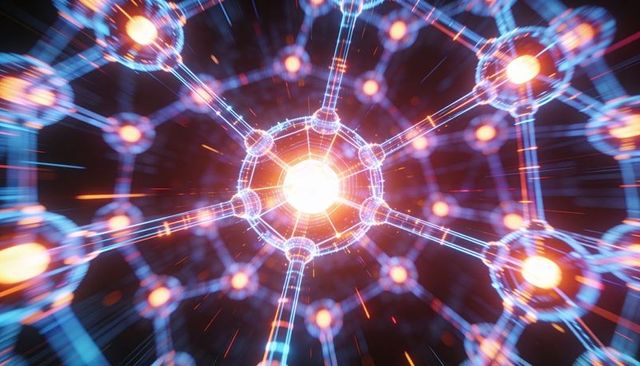 Radiating quantum node network emitting glowing core light and blue wireframe lattice