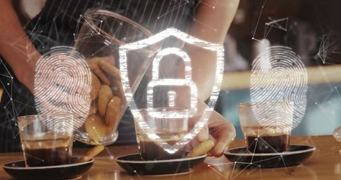 Bartender in Coffee Shop with Cybersecurity Concept Overlaid for Digital Protection
