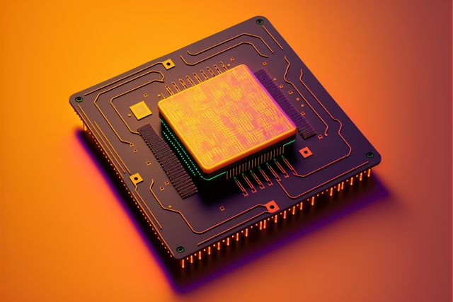 Computer processor on orange background, created using generative ai technology. Computer microchip technology and digital information concept digitally generated image.