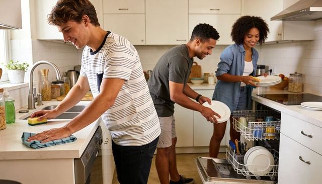 Young adults loading dishwasher and cleaning kitchen together, teamwork and home chores