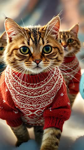 Walking tabby cat approaching camera wearing red knit sweater on snowy path vertical video
